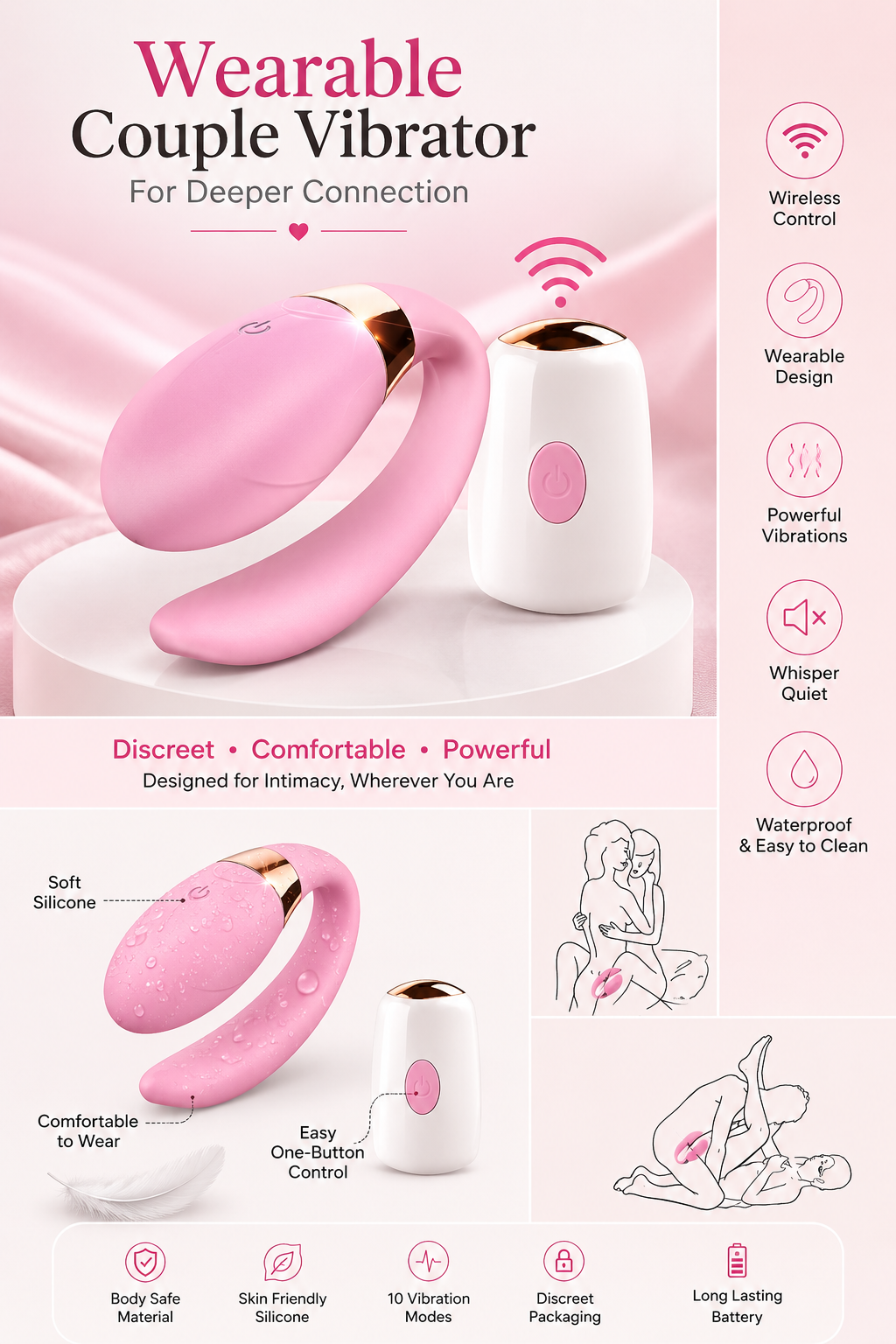 Wearable Couple Vibrator with Wireless Remote | Soft Silicone | Waterproof | 10 Vibration Modes
