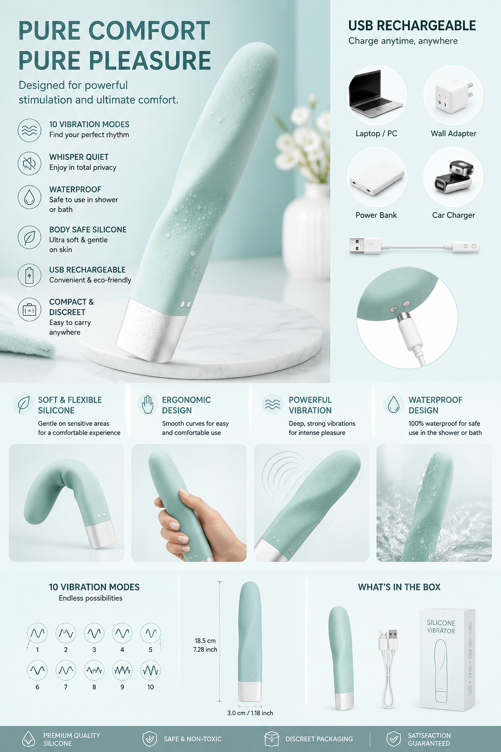 Premium Silicone Personal Massager – USB Rechargeable | Waterproof | 10 Vibration Modes